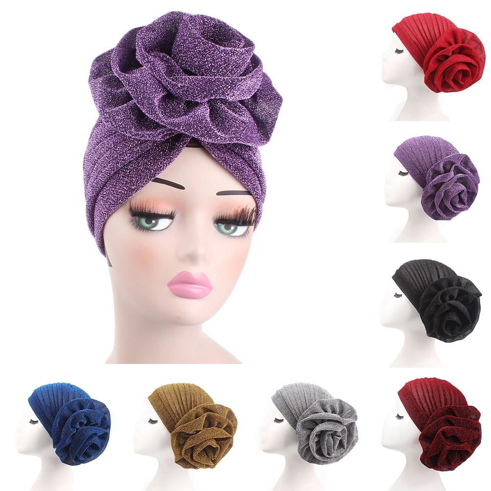 Muslim Hat Big Flower Glitter Turban Hat Muslim Indian Cap Women Head Wrap Headwear Solid Color Women's Hat Breathable