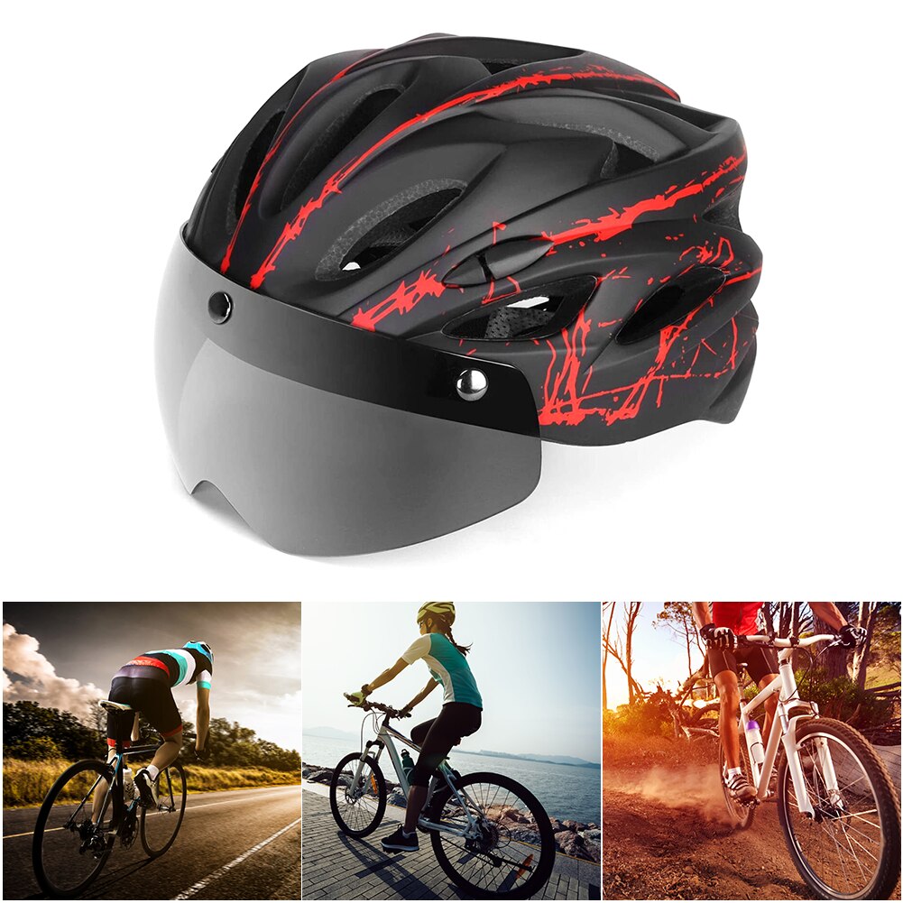 Ultralichte fietshelm met afneembaar vizier, fietsbril, achterlicht, mtb-helm, ademende ultralichte sportfietshelmen