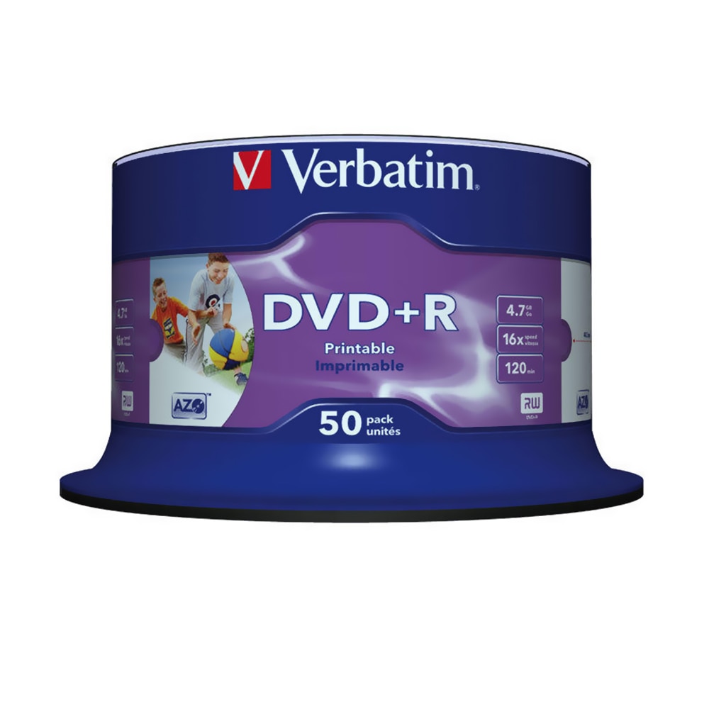 Verbatim DVD+R 4.7GB 16X 50PK Spindle White Inkjet Printable Recordable Disc Blank Compact Write DVD 43512