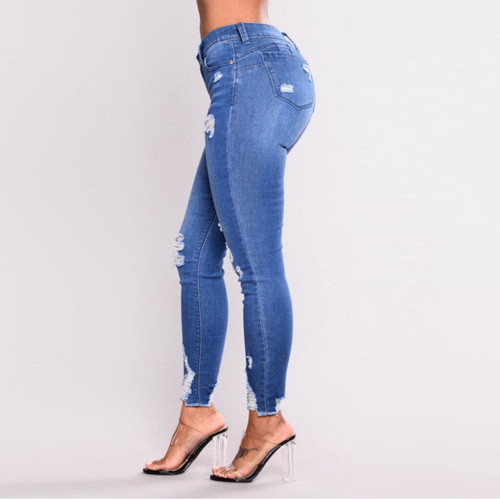 Ladies'high Waist With Holes In Elasticity And Small Feet Jeans Sexy Casual All Seasons Pants For Women