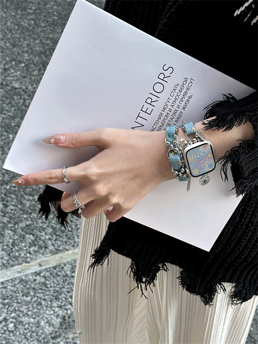 Y 2K Star Hanger Denim Lederen Band Voor Iwatch Ultra 2 9 8 7 6 5 4 Se Meisje Pols Armband Bandje Voor Apple Watch 41 40Mm 45 38 49