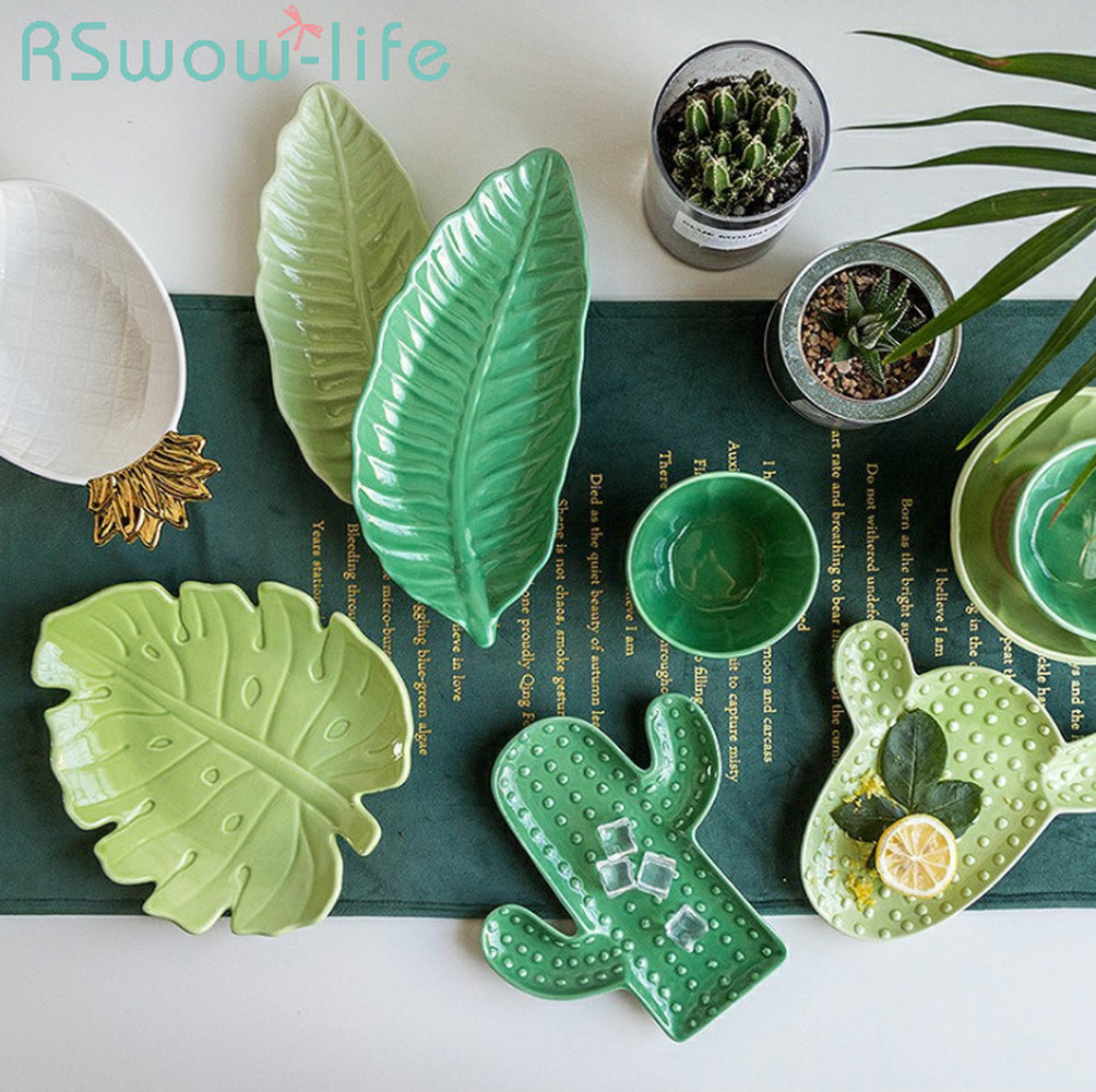 Vaisselle en céramique créative plante tropicale | Plante tropicale vaisselle de table de la maison irrégulière assiette à petit déjeuner plats à bonbons, assiette de service plat à Sauce soja