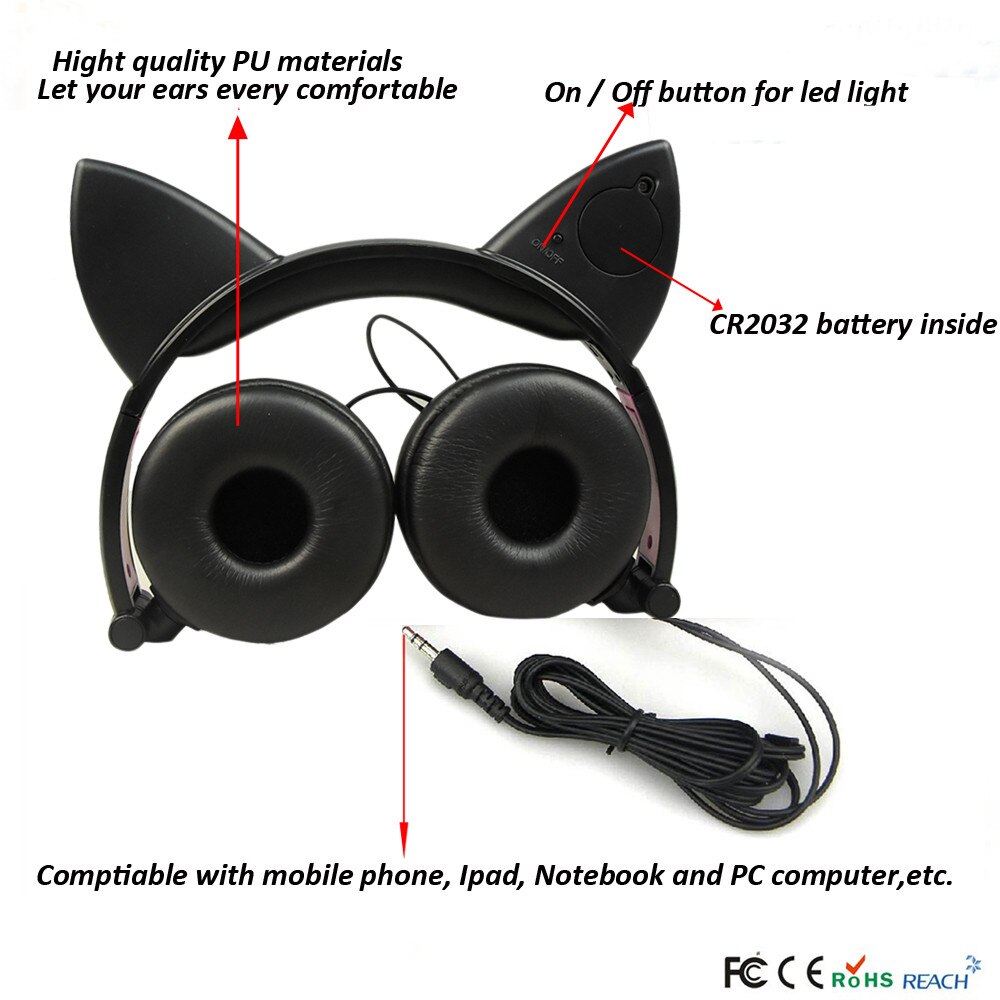 Foldable Cat Ear LED Music Lights Headphone Earphone headset for Laptop MP3 Flashing Glowing Gaming Earphones Adult Children