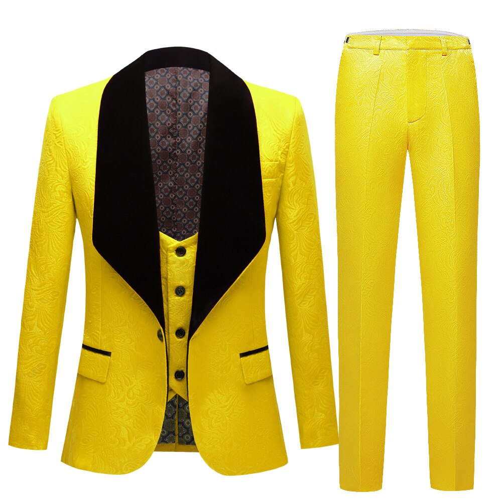 Nuovo abito da uomo classico Slim Fit Masculino abiti da sera per uomo scialle risvolto smoking da sposo giallo viola abbigliamento da sposa 3 pezzi: Yellow pants 3PCS / US size 40 M