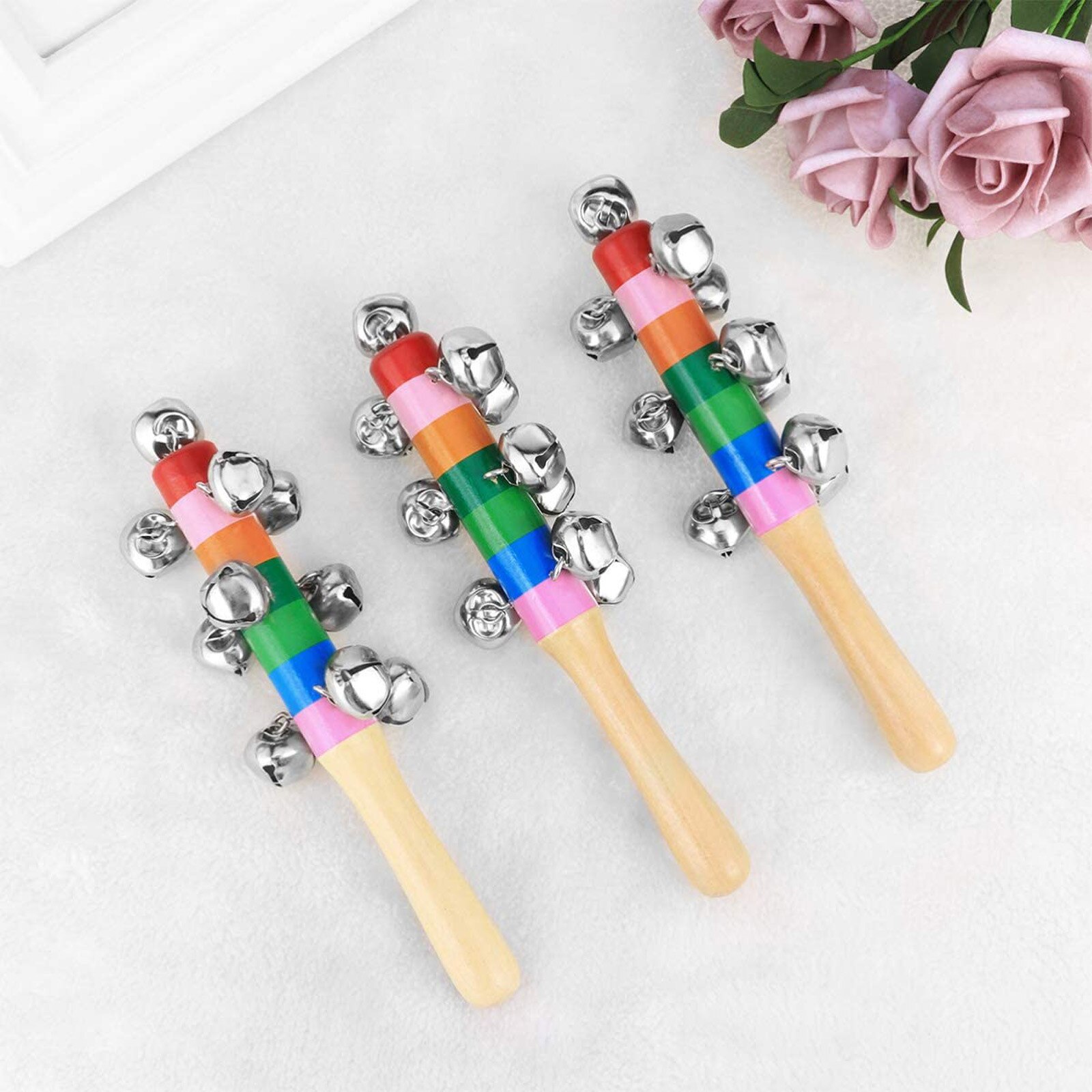 Christmas Hand Jingle Bells Hand Sleigh Bells Rainbow Shake Decoration Bells Musical Instrument Handle Bell Ring Educational Toy