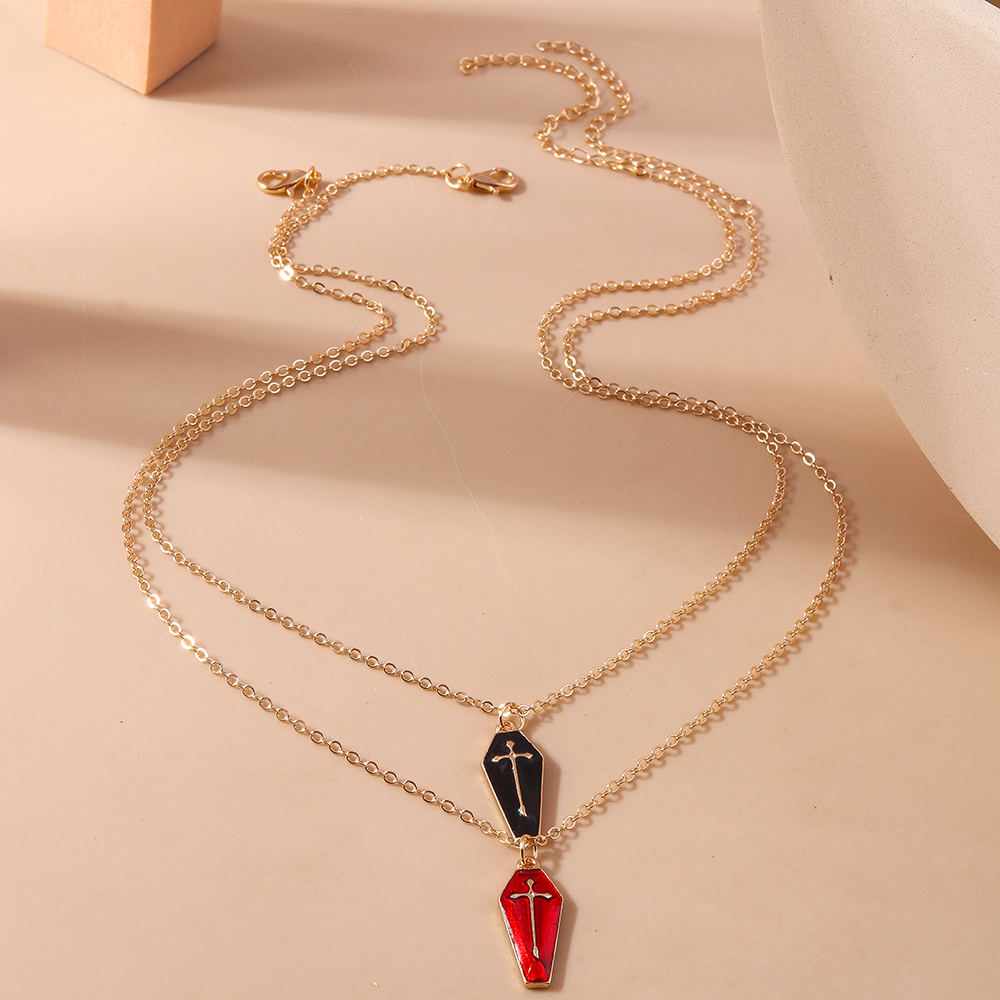 Aihua Cute Enamel Halloween Vampire Cross Coffin Friendship Couple Necklaces For Women Men BFF Best Friend Necklaces Jewelry