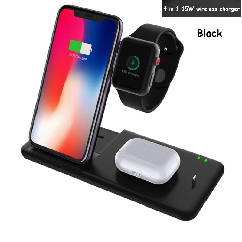 4 In 1 Draadloze Oplader Stand Qi Opladen Dock Station Opvouwbare Reizen Business Voor Iphone 11 Xr X 8 Apple horloge Airpods Iwatch: Black