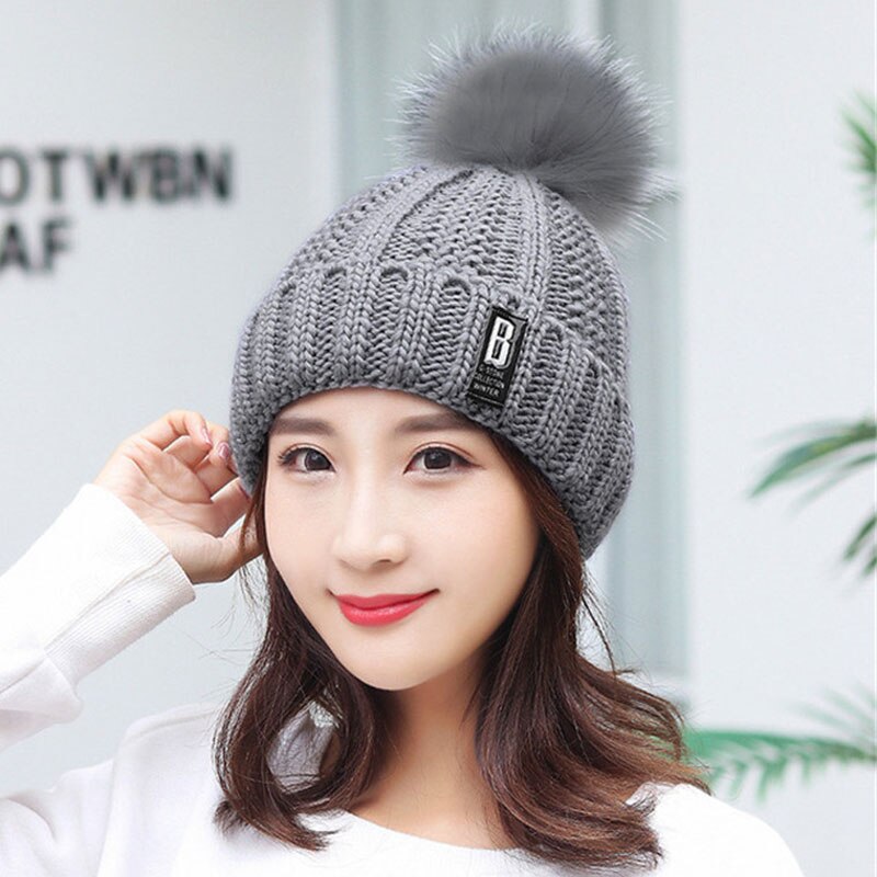 Frauen Dicke Kabel Stricken Hut Schal Weibliche Mützen Plüsch Hut Und Ring Schal Winter Warme Frau Dame Pom Pom kappe Schals Rosa: Gray Hat