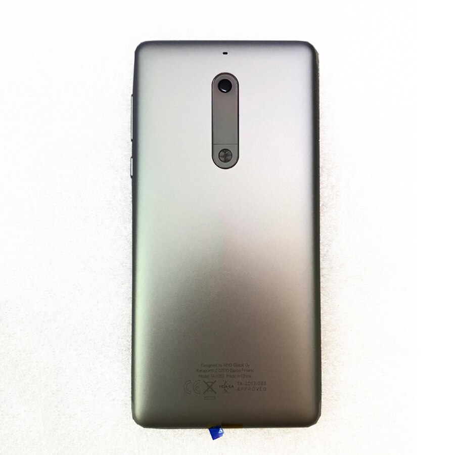 Original til nokia 5 ta-1053 1024 1044 enkelt hus mobiltelefon lcd midterste ramme bag batteri dør dæksel volumen afbryderknap: Sølv