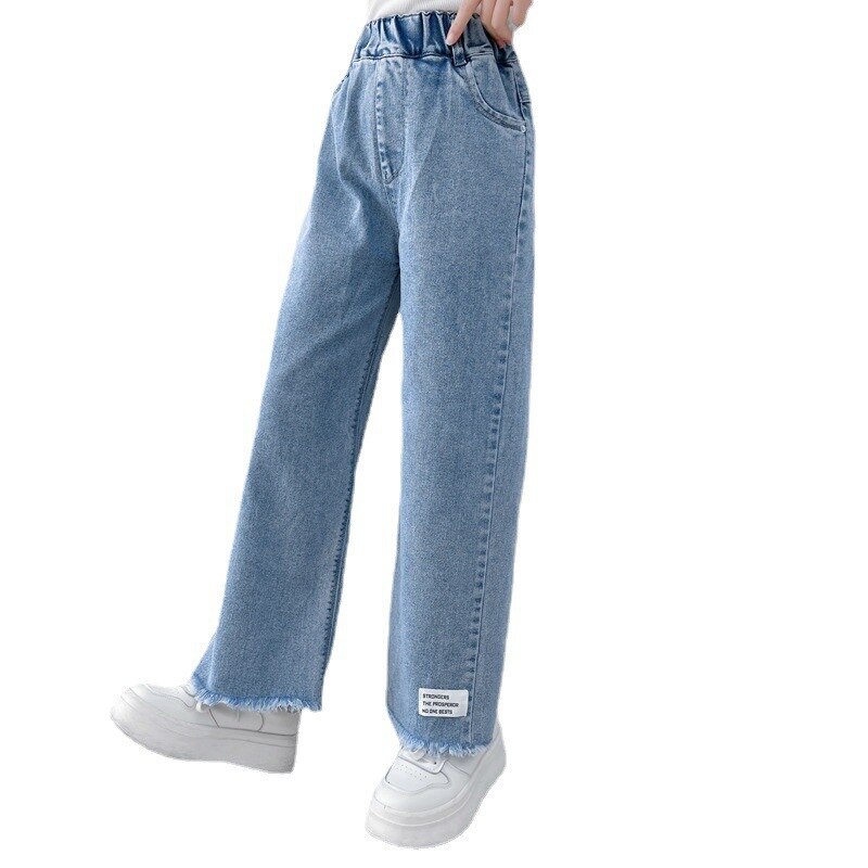 Pantalones vaqueros de pierna ancha para niñas, Jeans rectos de algodón con borlas, holgados, ropa de para Niñas Grandes, 2022