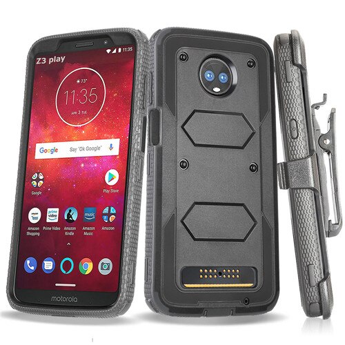 Heavy Duty Hybrid Armor Case Shockproof Impact Beschermende Riemclip Holster Kickstand Cover Voor Motorola Moto Z3/Moto Z3 spelen: Black