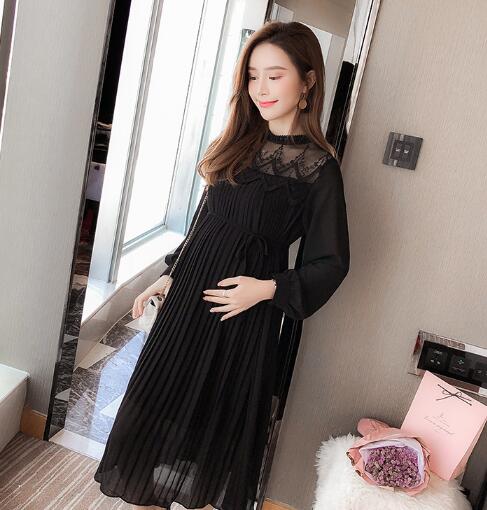 Chiffon Dresses Maternity Clothes For Pregnant Women Long Sleeve Pleated Dresses Pregnancy Maternity Dress Spring: black / XXL