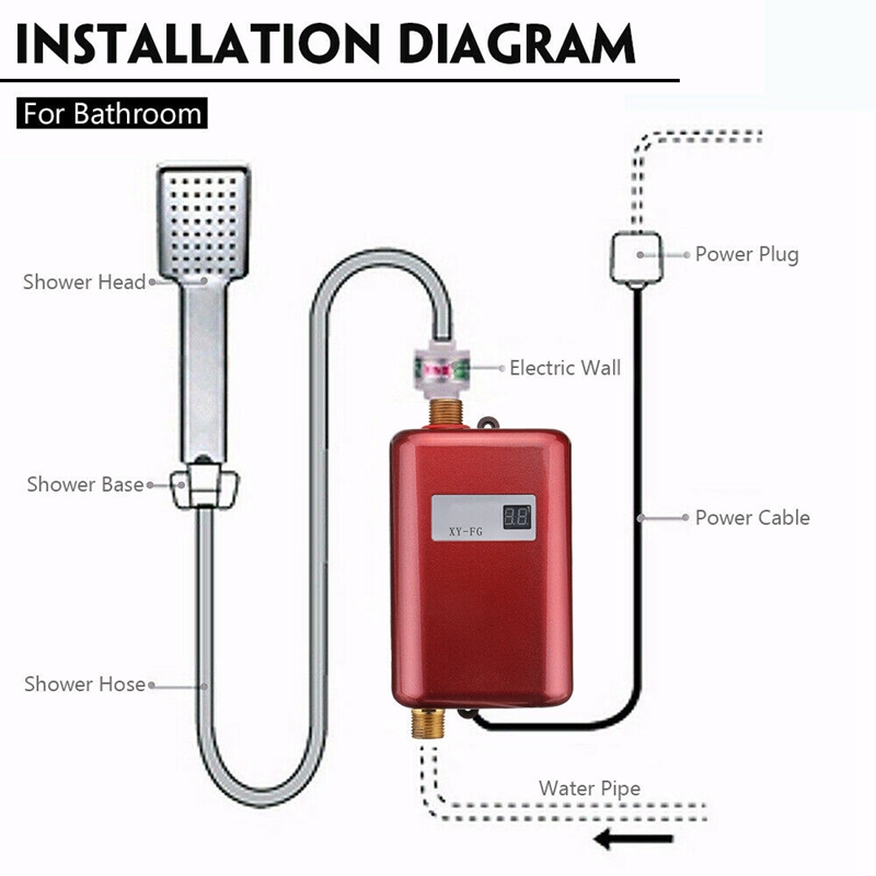 3800W Mini Electric Tankless Instant Water Heater Temperature Display Heating Shower Universal EU Plug Red