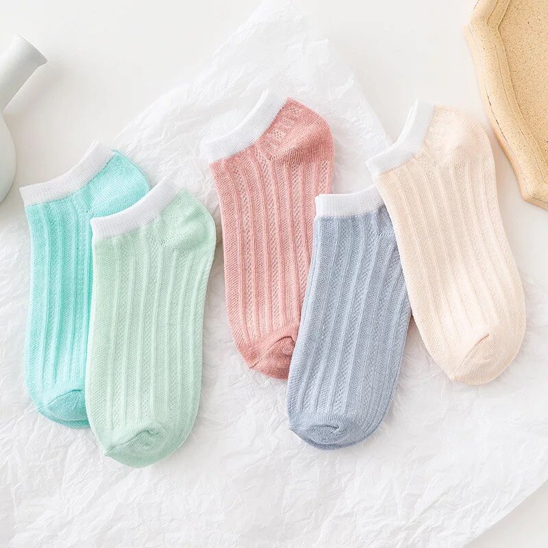 Ensemble de chaussettes pour femmes, fines, bleues, à carreaux, motif d'ours chat, Tube bas en coton, mignonnes chaussettes de sport pour filles, respirantes, d'équipage, Kawaii, printemps été
