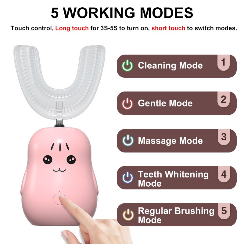 2 Styles Smart Electric Toothbrush 360° U-Shaped Automatic Ultrasonic Cleaning Toothbrush USB Charging for Aged 2-12