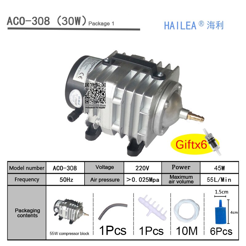 Bomba eletromagnética de alta potência, 220v, hailea, ac, lagoa, oxigênio, compressor de bomba, aerador de ar, ACO-208 308 318: ACO-308 Package1