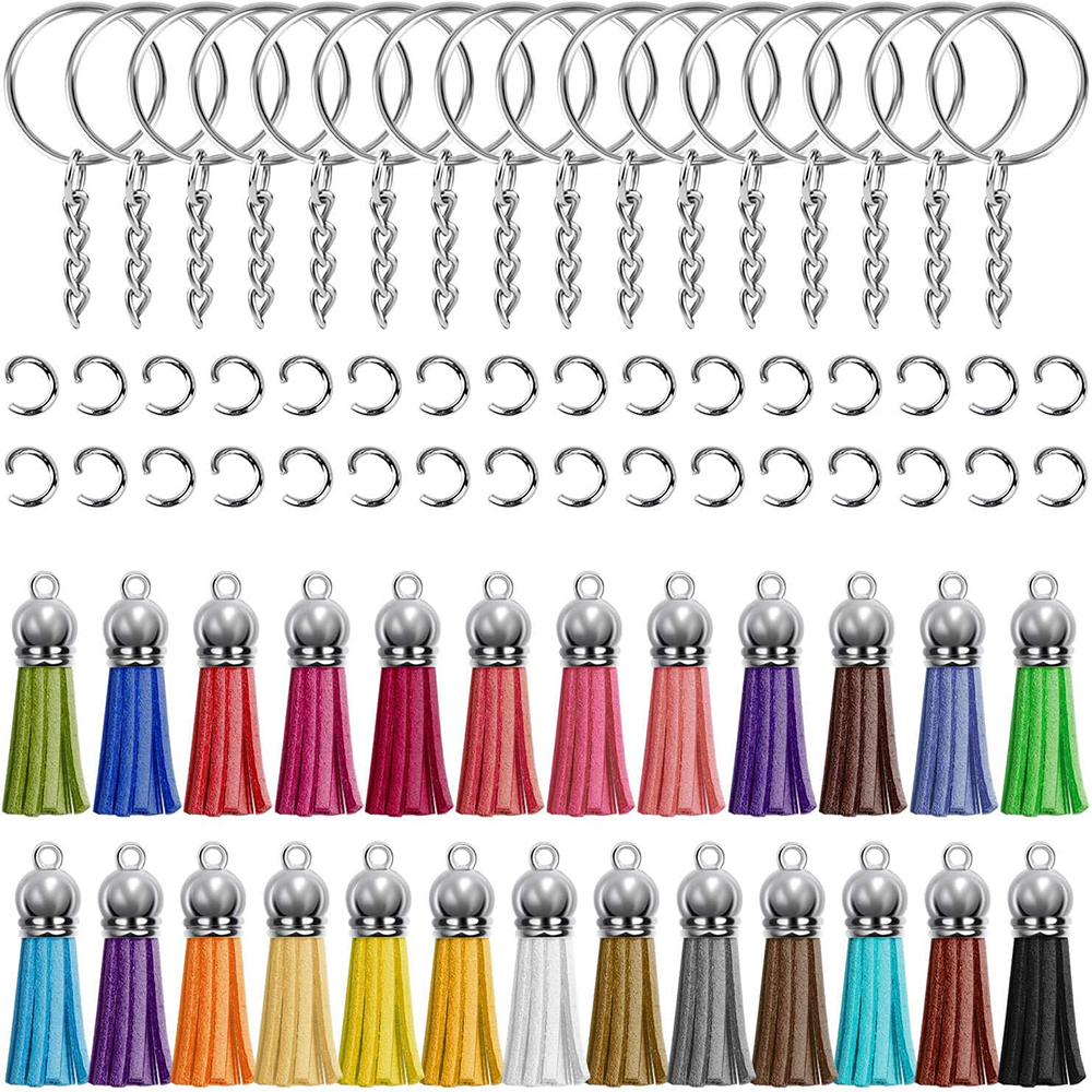150 Uds llavero borla a granel con llavero borlas cuero para Kit de vinilo DIY llavero vinilo artesanía: Blanco