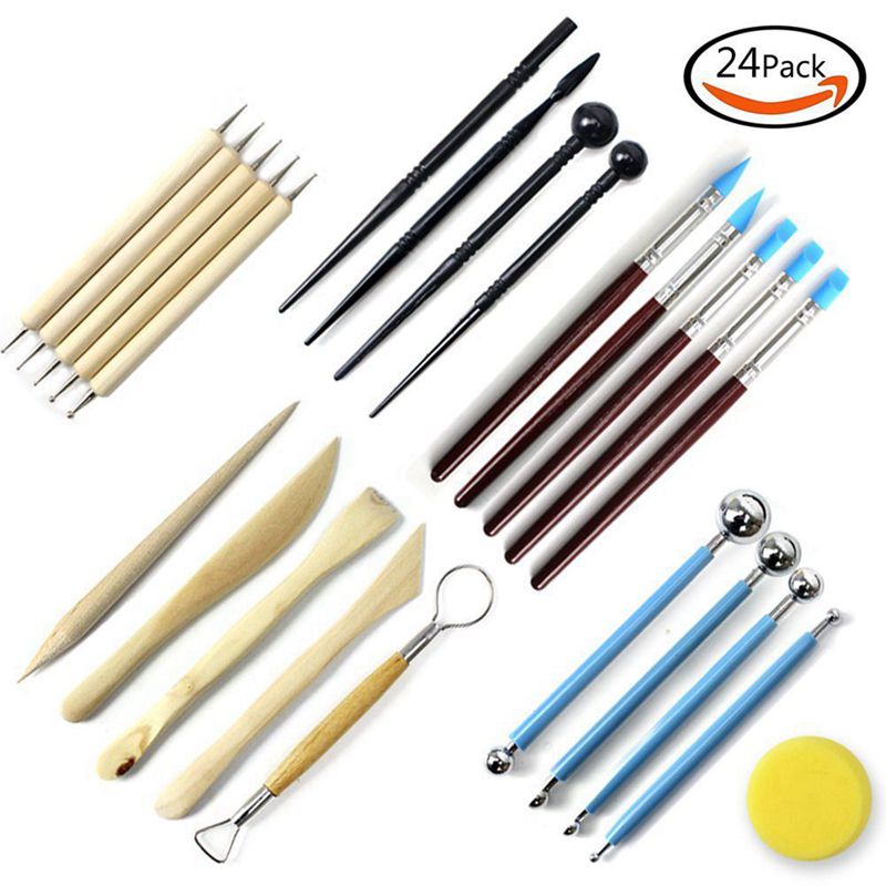 24 pièces balle stylet outils de pointage, argile poterie ensemble de modélisation outils de Sculpture Kit de peinture sur roche pour Sculpture poterie