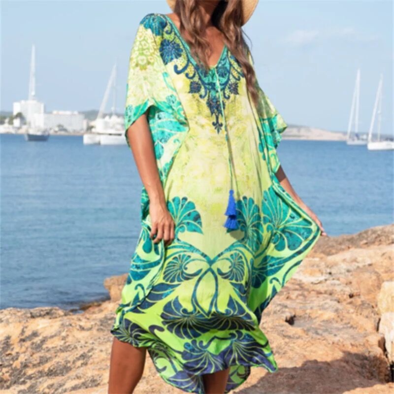 Plus størrelse kaftan Strand tunika kvinner sommer strandtøy badedrakt dekke opp dame bohem strandkjole kappe de plage sarongs pareo