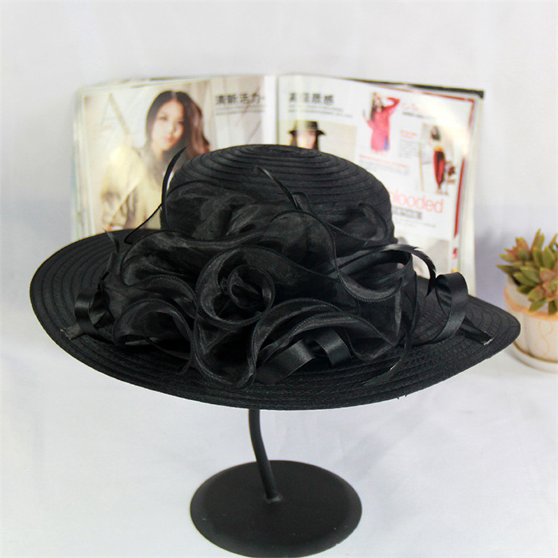 Kentucky Derby Floral Big Brim Hat Women's Organza Wedding Headwear Hat Foldable SunHat Beach with Beaded Festival hat: Red