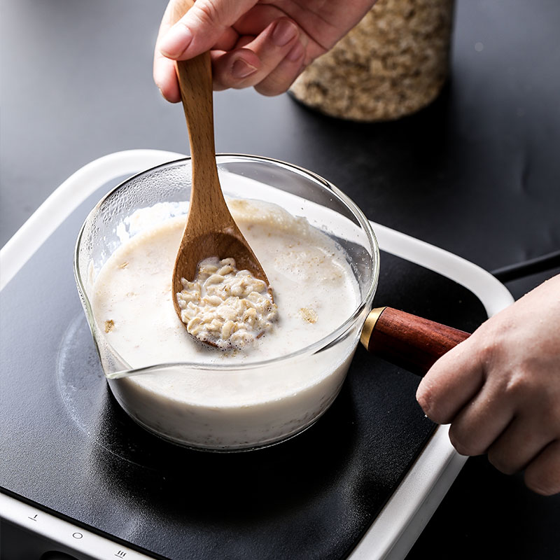 Mjölkgryta i glas med trähandtag 400ml/600ml kokkärl för salladsnudlar gasspis grytor och kastruller