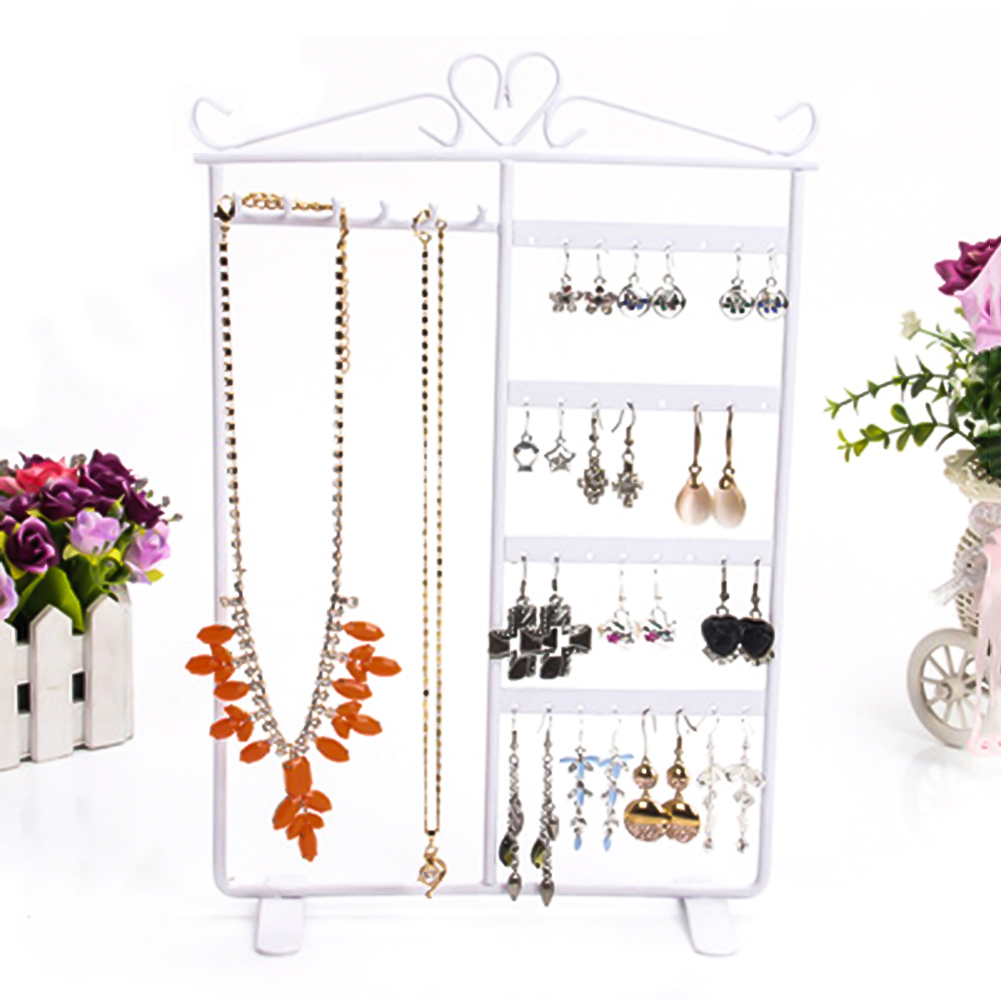 4 Tiers 32 Holes 6 Hooks Necklace Display Rack Chain Hang Stand Earrings/Ear Studs Show Rack Jewelry Holder Organizer Jewelry