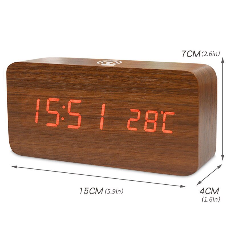 Led digital de madeira despertador app controle tempo temperatura data eletrônico desktop relógio usb bateria brilho controle de som