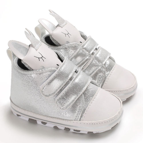 CANIS Bunny Ear niño bebé niños niñas suela suave zapatos de cuna zapatillas para niños antideslizantes zapatos de cuna de: Plata / 0-6 meses