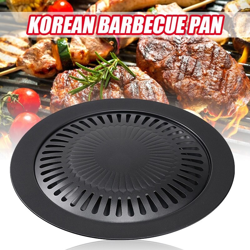 1Pcs Non-stick Rookloze Barbecue Koken Plaat Met Houder Ronde Ijzeren Koreaanse Bbq Grill Plaat Draagbare Outdoor Barbecue plaat