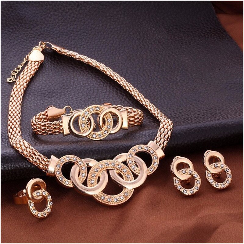 Rosa guld krystal smykkesæt kvinder brude halskæde øreringe armbånd ring rhinestone bryllup forlovelsesfest smykker
