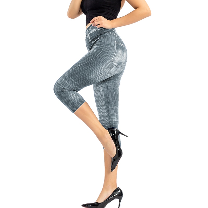 Legging Denim imprimé pour femmes, Slim, , Faux jean, extensible, court, culotte d'été