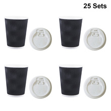 25 stuks Wegwerp Koffie Kopjes Isolatie Takeaway Schroefdraad Papier Cup met Deksel (8 oz, Witte Deksel, zwart Cup)