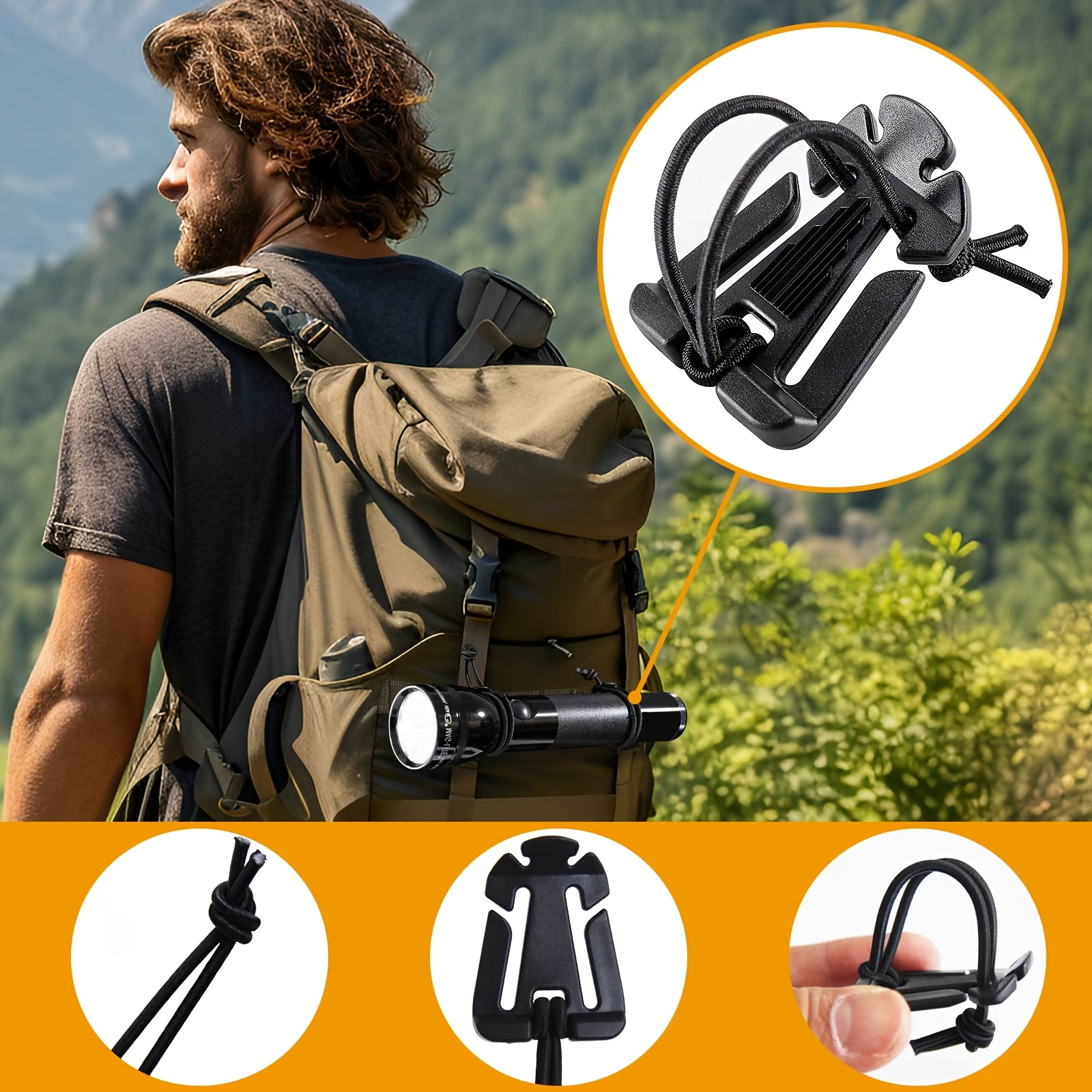 Moschettoni per zaino con cordino elastico – Ganci durevoli compatibili con MOLLE per organizzare attrezzi da campeggio e accessori