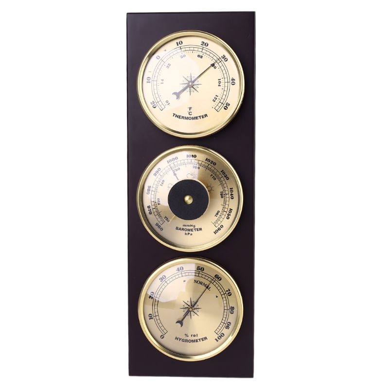 3Pcs/Set Barometer Hygrometer Thermometer Weather Station with Wooden Frame Base Ornaments 31cm x 11cm