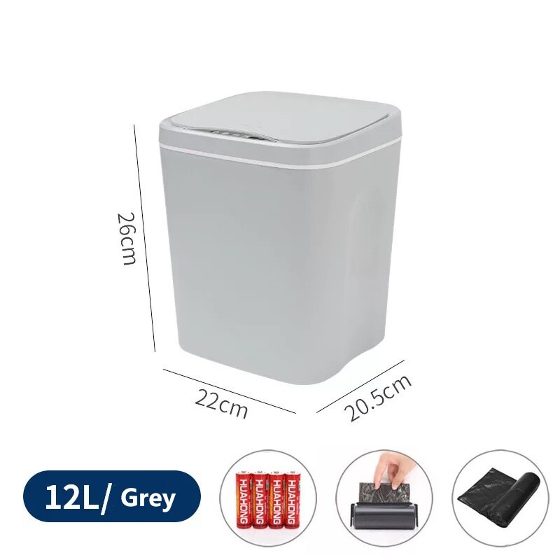 12L Home Automatic Touchless Trash Can Smart Infrared Motion Sensor Kitchen Rubbish Waste Garbage Bin Built-in LED Light: grey