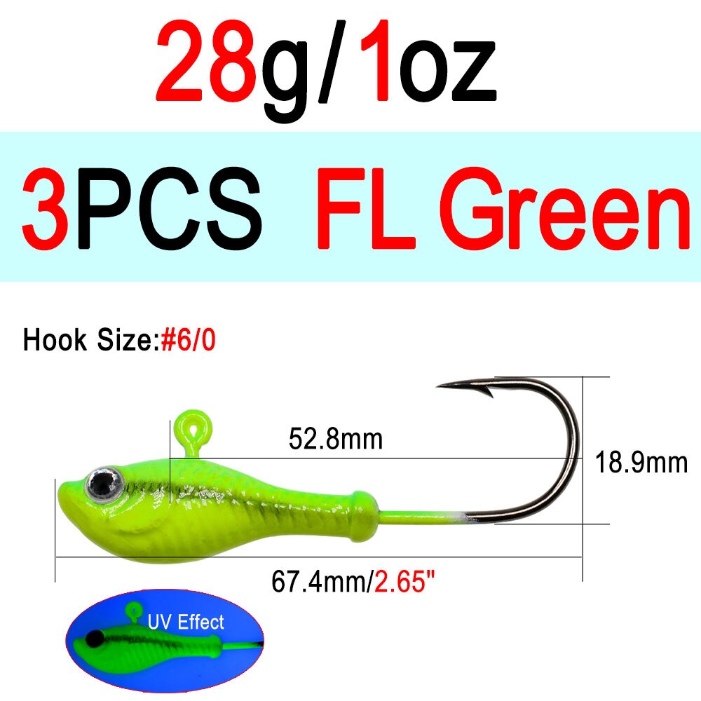 ICERIO 3 stücke 10g 14g 28g glühen Angeln Locken Metall Swimbait Jig Köpfe Haken Bucktail Jig Köpfe salzwasser Wackeln Köder Halfter Haken: 3Stck 28g FL Grün