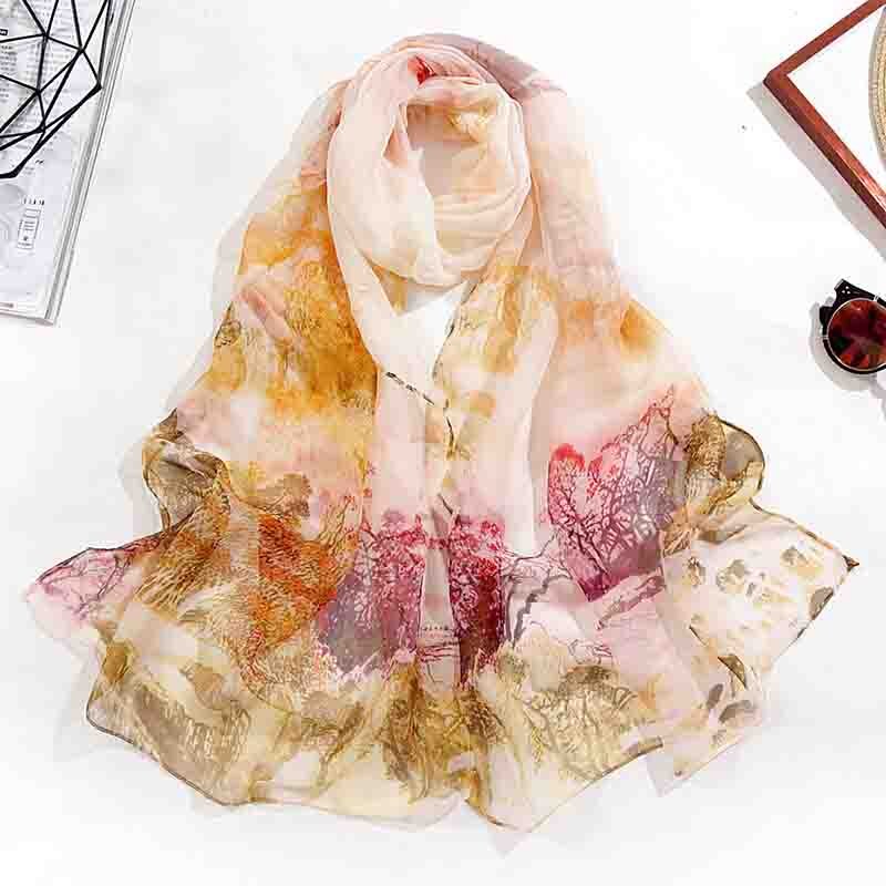 Spring Summer Autumn Women's Thin Silk Scarves Simulation Silk Wild Georgette Gradient Sunscreen Printing Multicolor Scarf A51: landscape yellow