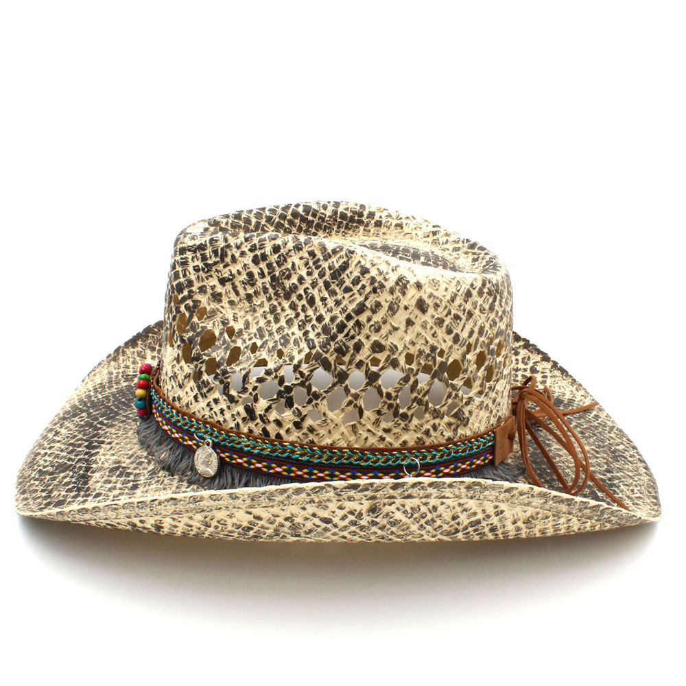Sombrero de vaquero occidental para mujer, Sombrero de paja tejido a mano, con borlas bohemias, tamaño 56-58CM