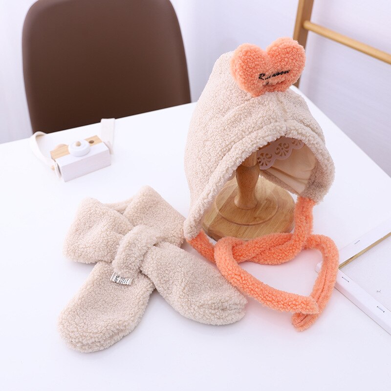 Girl's hat autumn winter ear cap children's scarf hat set foreign style baby lamb cashmere love tie up hat kids hats: 5