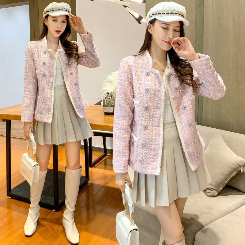 Höst kvinnor står krage pläd gul tweed jacka pärlor dubbelknäppt vintage dam tofsar twill kappa