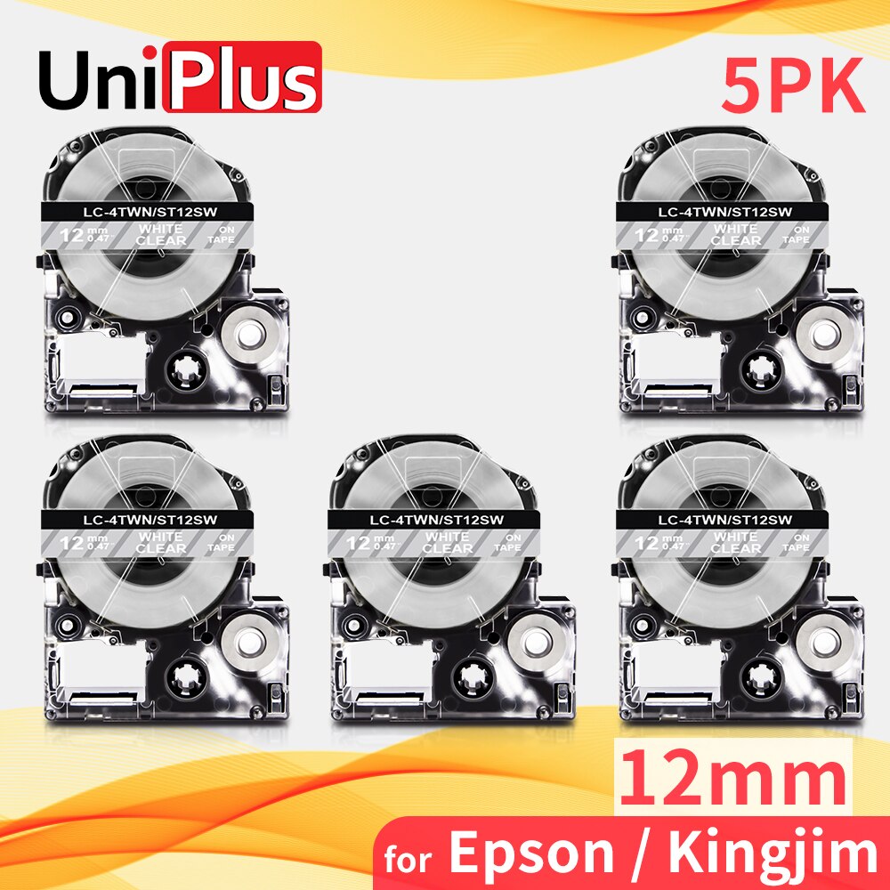 UniPlus 6PK Strong Adhesive Label Tape White on Clear Printer Ribbon Fit Epson Kingjim Label Maker LW-K400 LW-700 LW-900P 1000P: 5 pieces