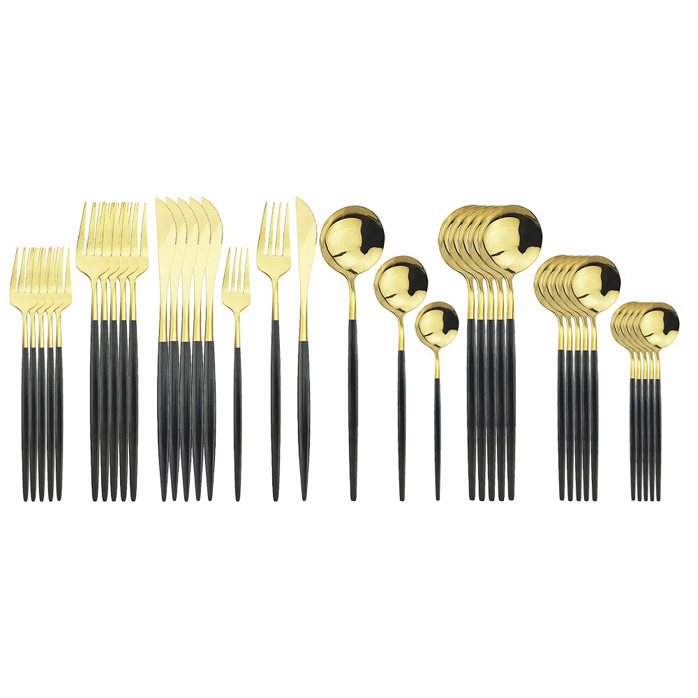 36 stk sort guld bestik sæt 18/10 rustfrit stål guld spisestel home western ske gaffel kniv bøf spisestel service sæt: Sort guld