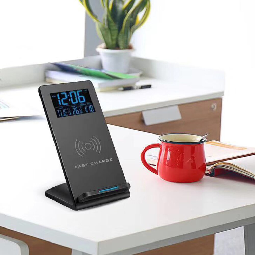 Desktop trådløs opladningsstativ mobiltelefonholder tid temperatur alarm ur trådløs opladning salg