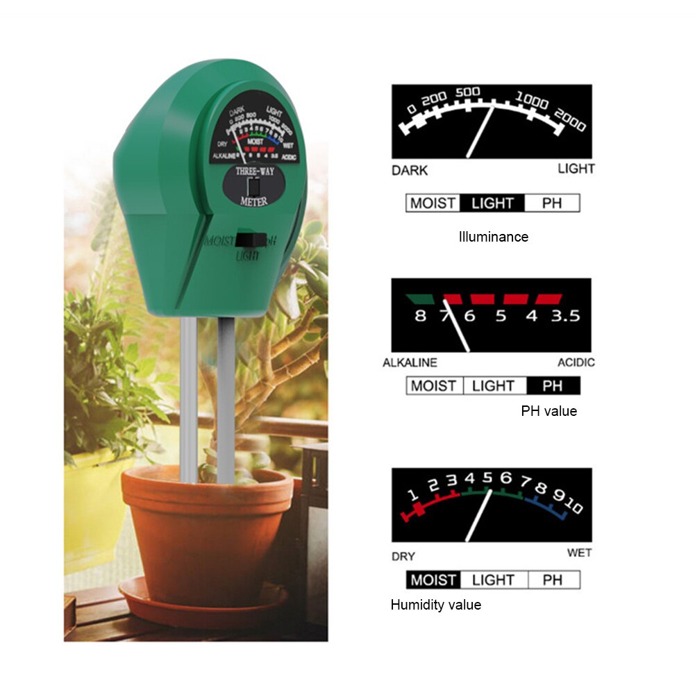 3 In 1 Plant Bloemen Bodem Ph Tester Vocht Meten Vochtigheid Lichtmeter Hydrocultuur Analyzer Tuinieren Detector Hygrometer