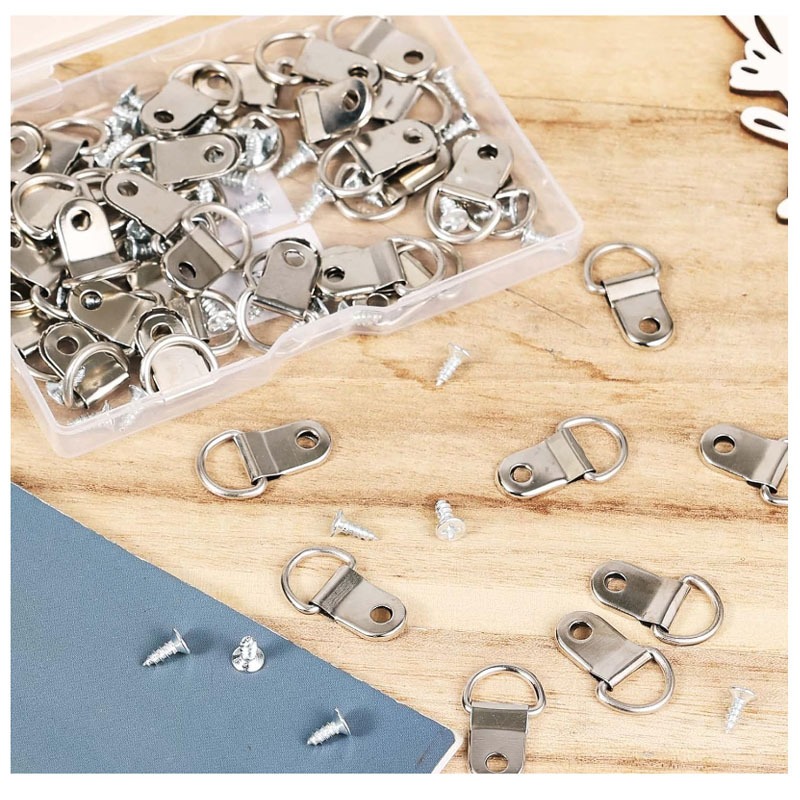 100Pcs Oil Painting Mirror Picture Frame Hanger, Round D Ring Buckle, Photo Wall Hook With Screws