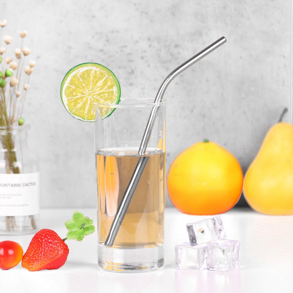Reusable 304 Stainless Steel Sturdy Bent Straight Metal Drinking Straws with Cleaning Brush Portable Bar Party Accessory Healthy