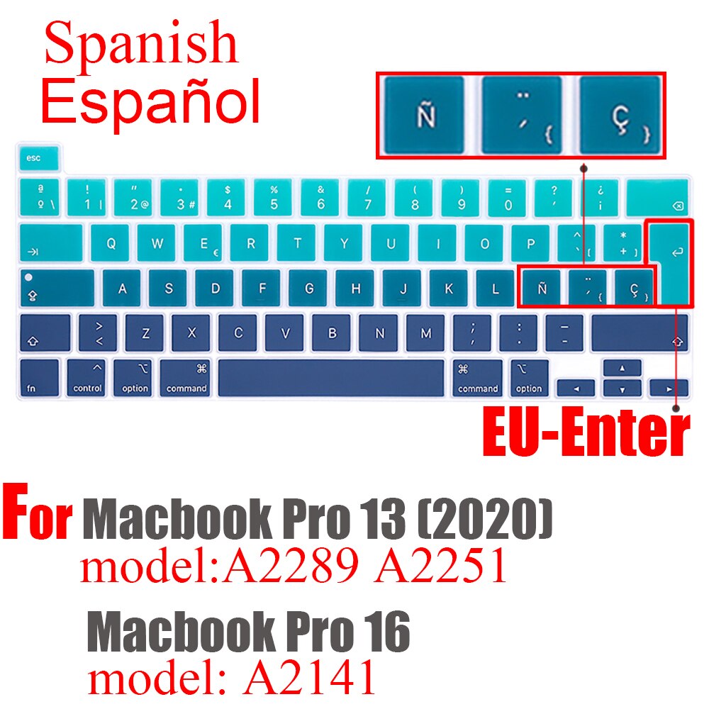 For macbook Pro13 pro16 keyboard cover With ñ Spanish protector Keyboard case Keyboard protective film A2289A2251 A2141: EU Spain Green plus