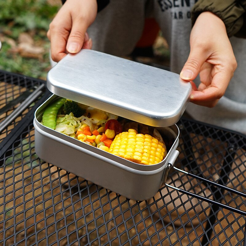 Manico pieghevole da campeggio all&#39;aperto bento box in alluminio scatola da pranzo portatile per alpinismo all&#39;aperto scatola da pranzo per verdure al vapore da picnic