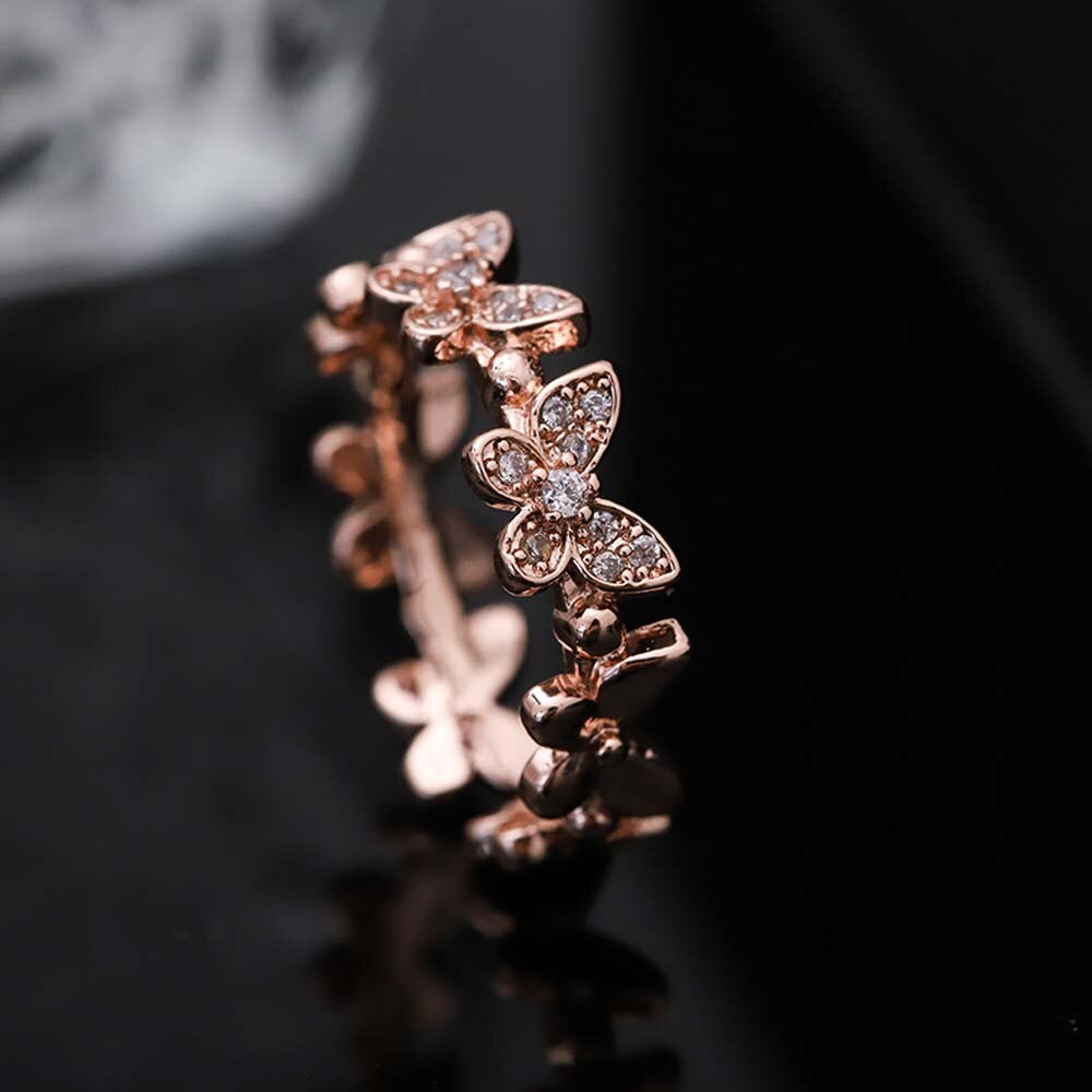 Fingerring lille trendy cubic zirconia krystal rosa guld sommerfugl insekt åbne justerbare ringe til kvinder piger smykker: Justerbar