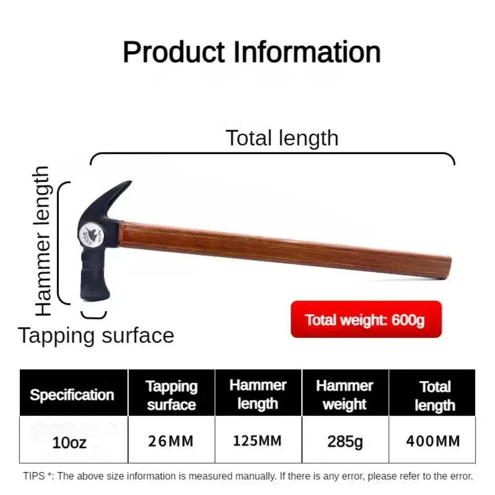 Martillo de garra de trabajo, herramientas de carpintería, martillos de uñas, herramienta Manual portátil , accesorio de Hardware práctico multifuncional: Negro